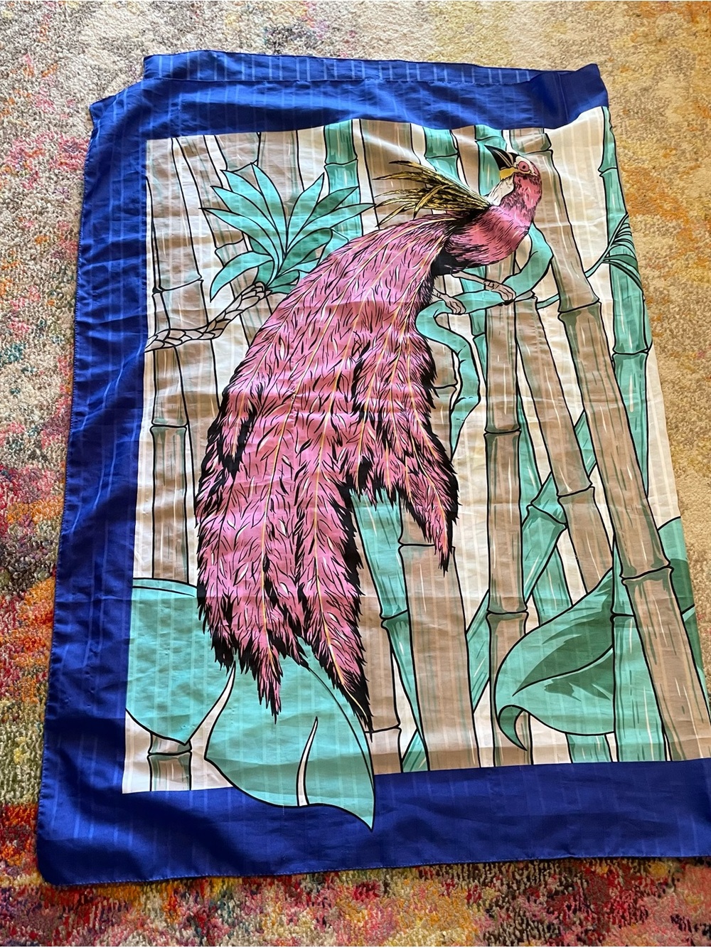 Vtg JIM GIM Renoir pink tropical bird Oversized Square Scarf Wrap 45x60 Italy